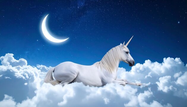 A white unicorn rests peacefully on a cloud at night. A crescent moon hangs in the night sky