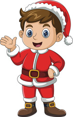 Happy little boy dressed in classic Santa Claus costume, waving hand, festive holiday outfit, cheerful Christmas character, winter celebration, cartoon illustration