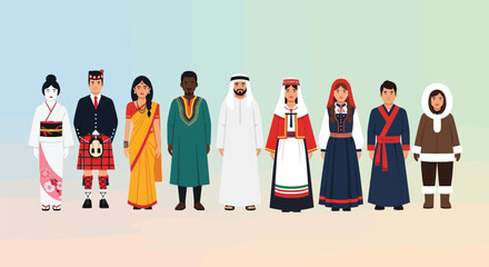 Vector illustration showcasing multicultural unity and global traditions through ethnic attire from different countries