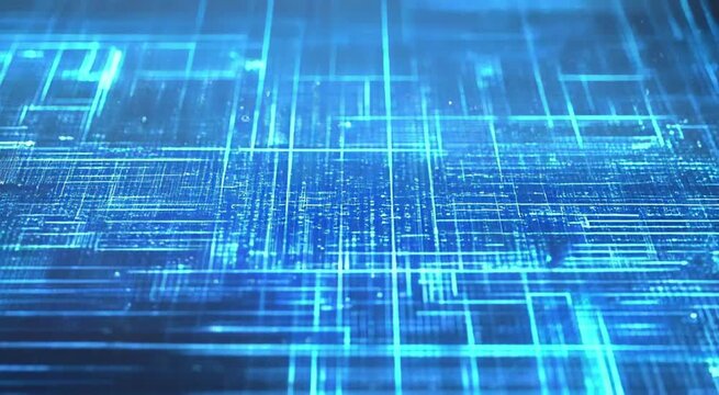 Abstract technology background with a blue binary code pattern and flowing data lines