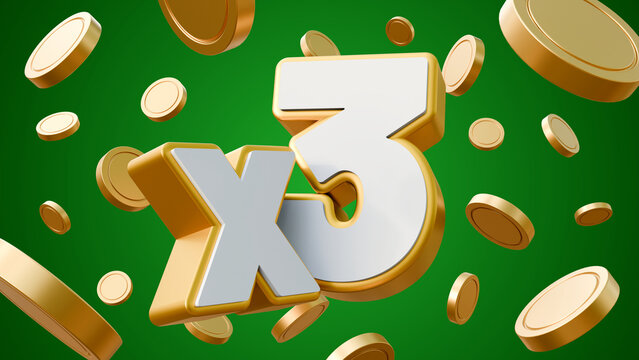 Bonus X3 or triple cashback isolated on green background. Promotion or discount banner. Check banner special offer template. Casino, bet, lottery, online or mobile game bonus. 3x or x3 reward points.
