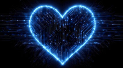 Blue heart shaped as central love processor concept. A glowing blue heart shape made of digital circuitry.