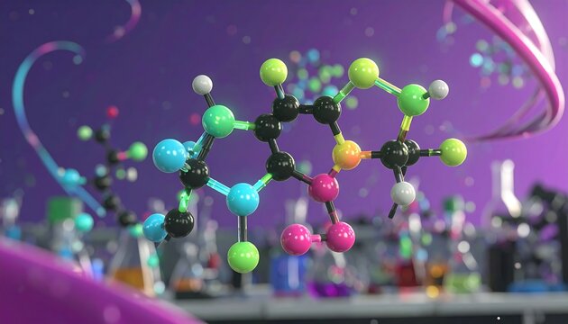 Colorful 3D molecular structure in a lab setting - Powered by Adobe