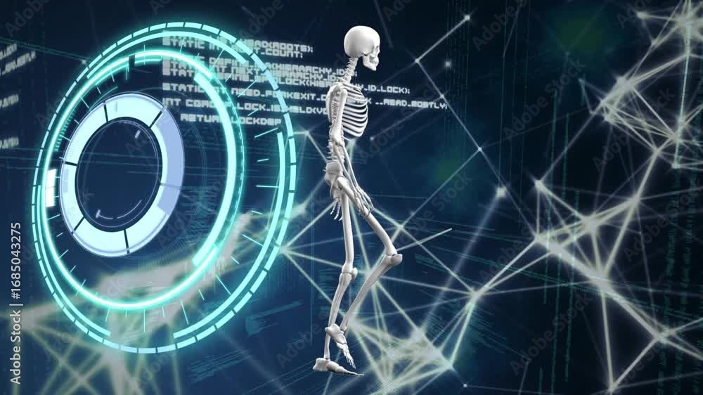 Poster animation of processing circle and data with human skeleton and network of connections