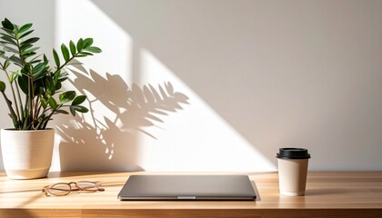 Minimalist Workspace with Laptop and Potted Plant in Sunlight