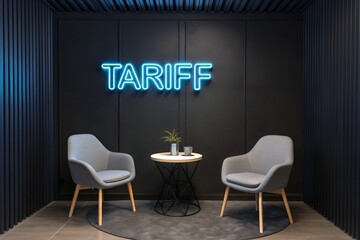 Modern minimalist waiting area with two grey chairs and a small round table beneath a bright blue neon tariff sign on a dark wall