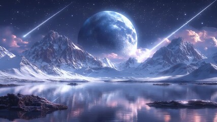 Serene snowy mountains reflect in a calm lake under a large blue moon and shooting stars - Powered by Adobe