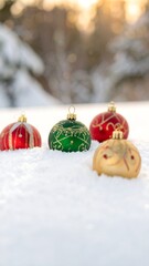 Christmas ornaments in the snow