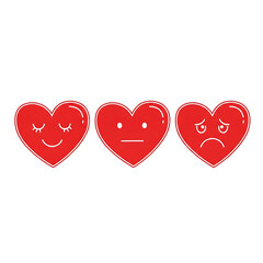 Three Red Hearts with Different Emotions  Happy Neutral and Sad  Cartoon Illustration