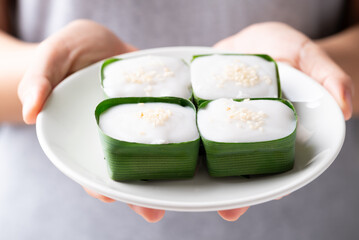 Traditional Thai dessert (Khanom Tako), Pudding with coconut cream topping in pandan leaf on plate holding by hand