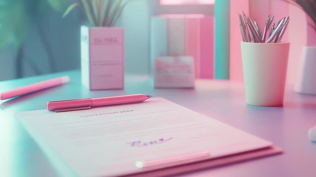 Signed loan application form resting on desk in pastel office setting
