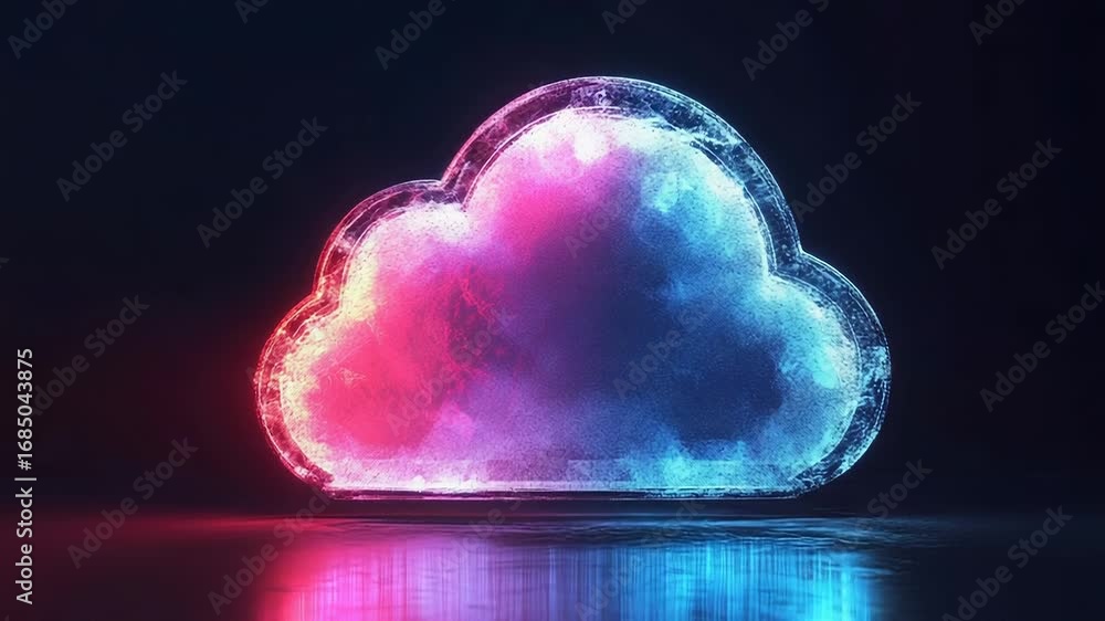 Poster glowing cloud computing symbol reflecting on surface symbolizing data storage