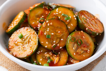 Korean cucumber salad (Oi muchim) in bowl, Korean side dish