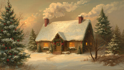 vintage oil painting of winter snowy house for christmas