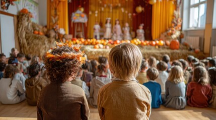 Children watch a thanksgiving play on stage decorated with pumpkins and autumn hay in a festive school hall