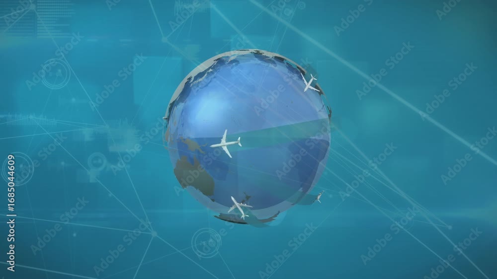 Aufkleber animation of networks of connections over globe with planes