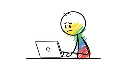 Fototapeta premium Frustrated Stick Figure Working on Laptop with Colorful Scribbles, Representing Stress