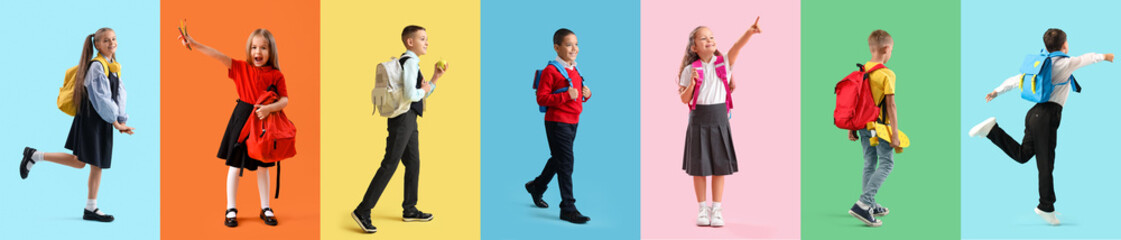 Set of little students on color background. Back to school