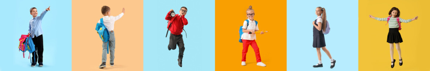 Set of little students on color background. Back to school