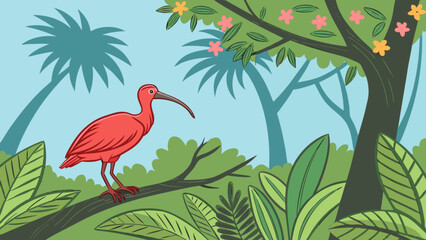 Fototapeta premium Scarlet ibis perched on a branch amidst lush tropical foliage and flowering trees in a vibrant scene