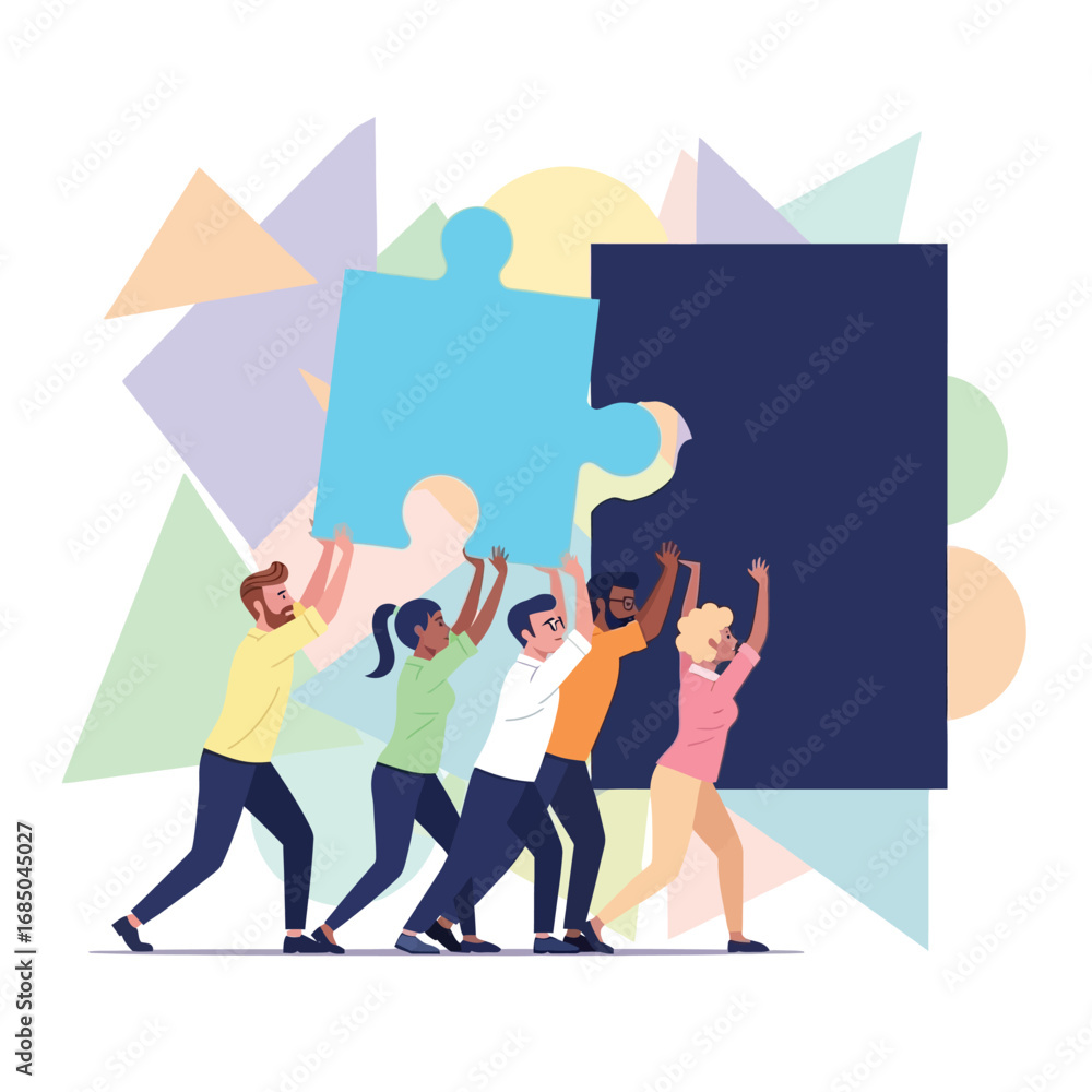 Poster teamwork diverse group solving puzzle together for unity and success, against abstract geometric bac