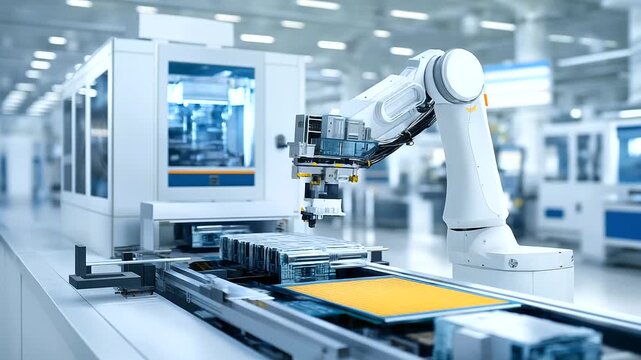 Inside an ultra-clean semiconductor fabrication facility, automated wafer handling systems with robotic arms move silicon wafers between glass substrate processing equipment. The a