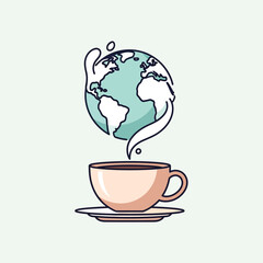 Creative vector concept of a coffee cup with aromatic steam forming the shape of the world globe, symbolizing global coffee culture