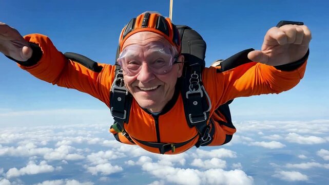 Joyful skydiver experiences exhilarating freefall over fluffy clouds, embracing adventure with a wide smile
