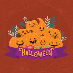 Smiling Jack O’Lantern Pumpkins with Halloween Candy and Decorative Leaves on Dark Background