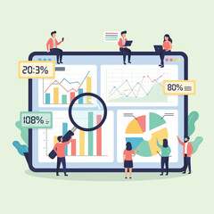 Team of analysts working with data on a digital dashboard. Business intelligence, marketing research, and financial reporting concept