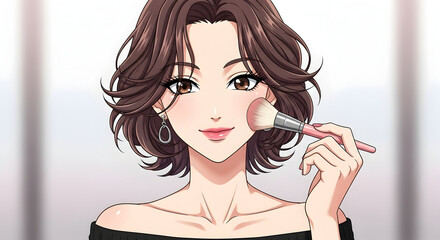 Glamorous woman applying blush with brush, elegant makeup tutorial-style portrait in off-shoulder black top, beauty and cosmetics illustration