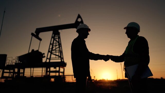 Worker discuss oil field handshake silhouette two worker in hardhat and safety vest handshake near pumpjack rig at sunset while engineer with clipboard inspects pumpjack and confirms agreement