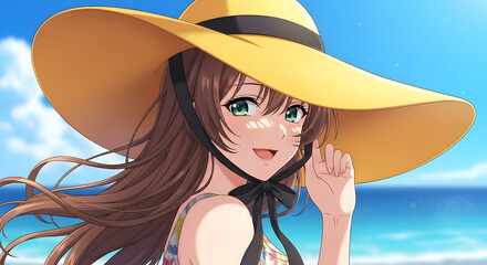 Smiling sunhat woman at tropical beach with breeze-blown hair and bright blue sky, cheerful summer portrait, anime-style travel illustration