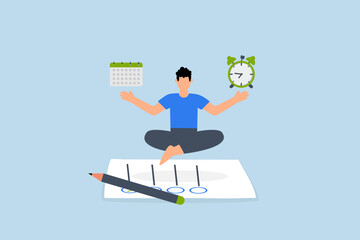 self control to complete work, Businessman finds peace in meditation while juggling between time and deadlines on a paper filled with completed tasks
