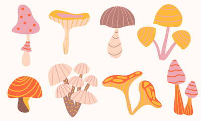 Hand-drawn decorative autumn mushrooms clipart collection in warm pastel tones. Seasonal whimsical elements for cards, stickers, packaging, fall decor, textiles, invitations, etc.