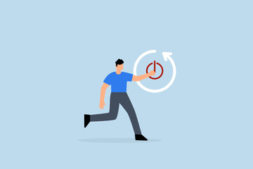 Time to reboot business, businessman cautiously extends his finger to push the reboot or restart button