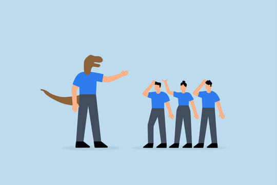 Corporate dinosaur, humorous raptor dinosaur executive having a discussion with coworkers in the workplace