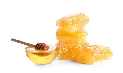 Bowl with sweet honey and combs on white background