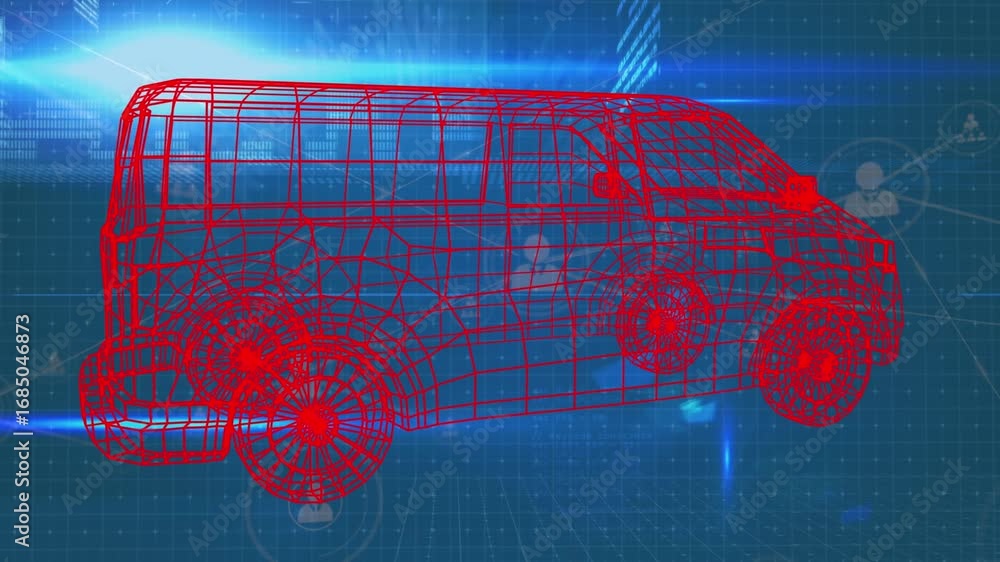 Poster animation of rotating car model, data processing and network of connections on blue background