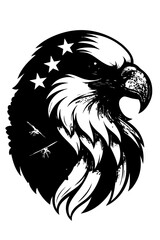 Fototapeta premium Bald Eagle Head with American Flag Design on Black – Powerful Patriotic Symbol in High-Contrast Graphic Style, Ideal for Merchandise, Posters, and USA-Themed Artwork
