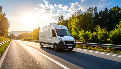 A white van travels down a highway on a sunny day amidst trees