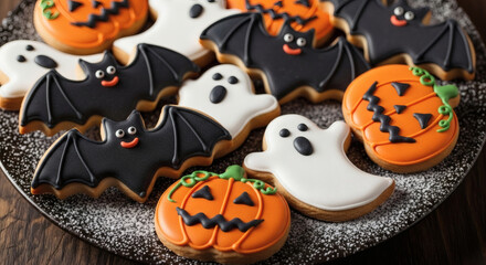 Delicious Halloween cookies shaped like bats ghosts and pumpkins on a dark background