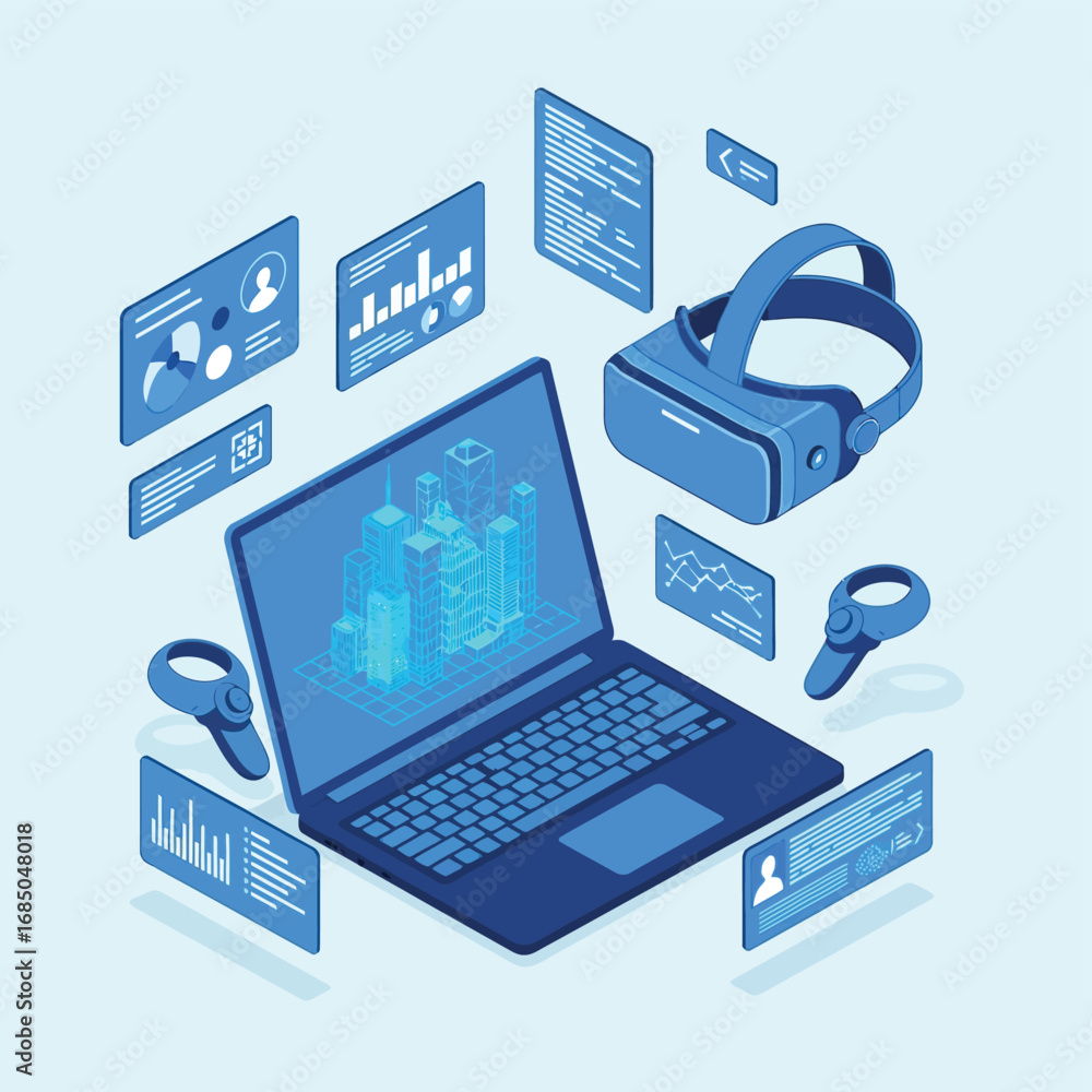 Poster isometric concept of virtual reality for urban architecture simulation and data analysis on a laptop