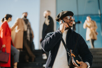 Modern individual wearing stylish attire and sunglasses communicates on cellphone in a...