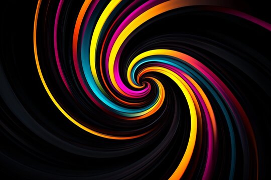 Digital illustration showing a radiant spiral pattern of swirling colors against deep black background, beginning at central point and expanding outward gracefully, composed of bright interwoven stran