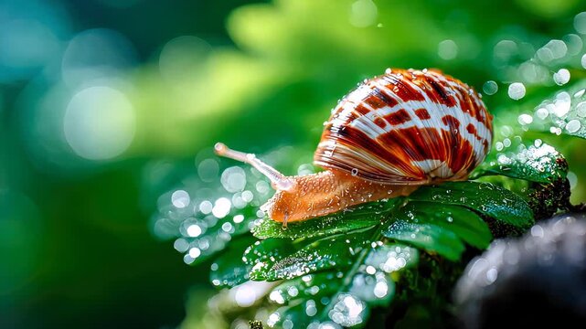 Close-up of a snail with a patterned shell crawling on a wet surface under studio lighting