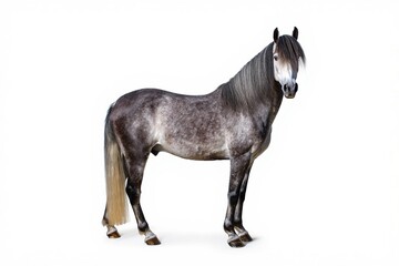 Fototapeta premium Gray horse stands gracefully in full profile against a pure white background, entire body visible with detailed musculature, flowing mane, strong tail, sturdy hooves, captured under bright, even, prof