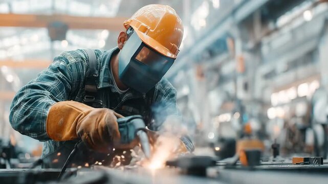 Close-up of welder at work. Sparks and splashes of molten metal. Heavy industry. Industrial scene: worker uses welding to process metal part. Hot sparks. Protective equipment.