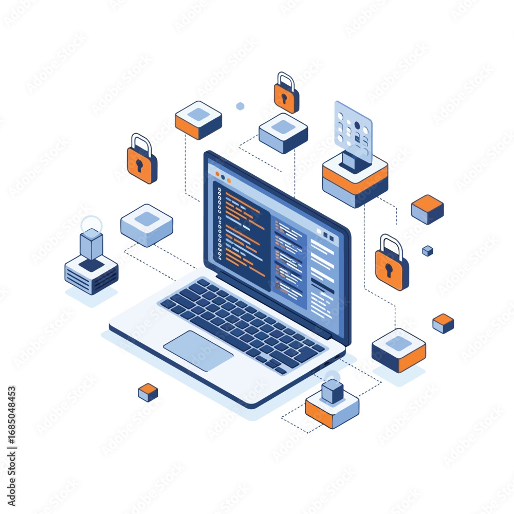 Poster isometric illustration of cybersecurity and software development, depicting a secure network infrast