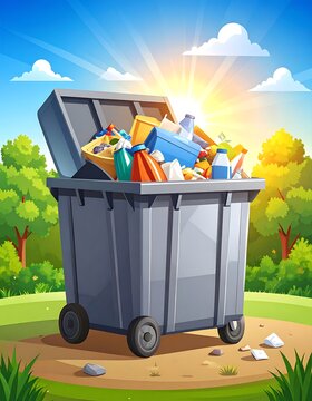 Overfilled dumpster in a park on a sunny day